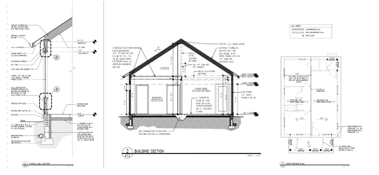 Howard Building Science single-family production home STCBT pilot test sections and roof plan