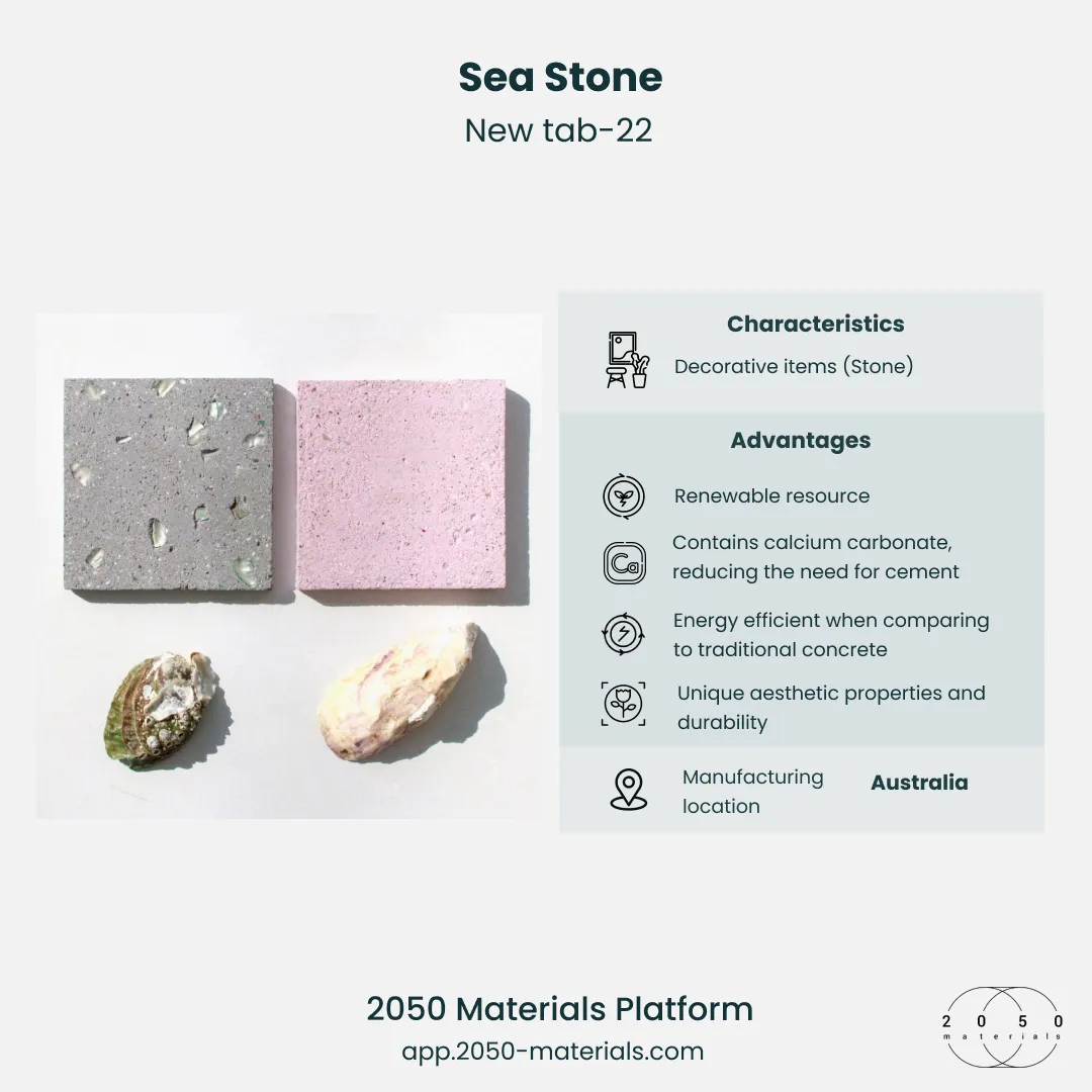 Sea Stone product page on 2050 Materials showcasing sustainable sea shell concrete