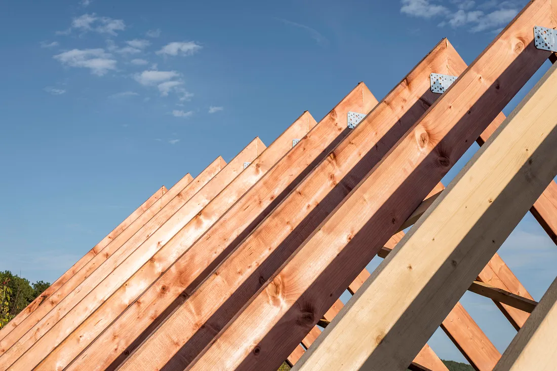 Timber roof structure with exposed beams