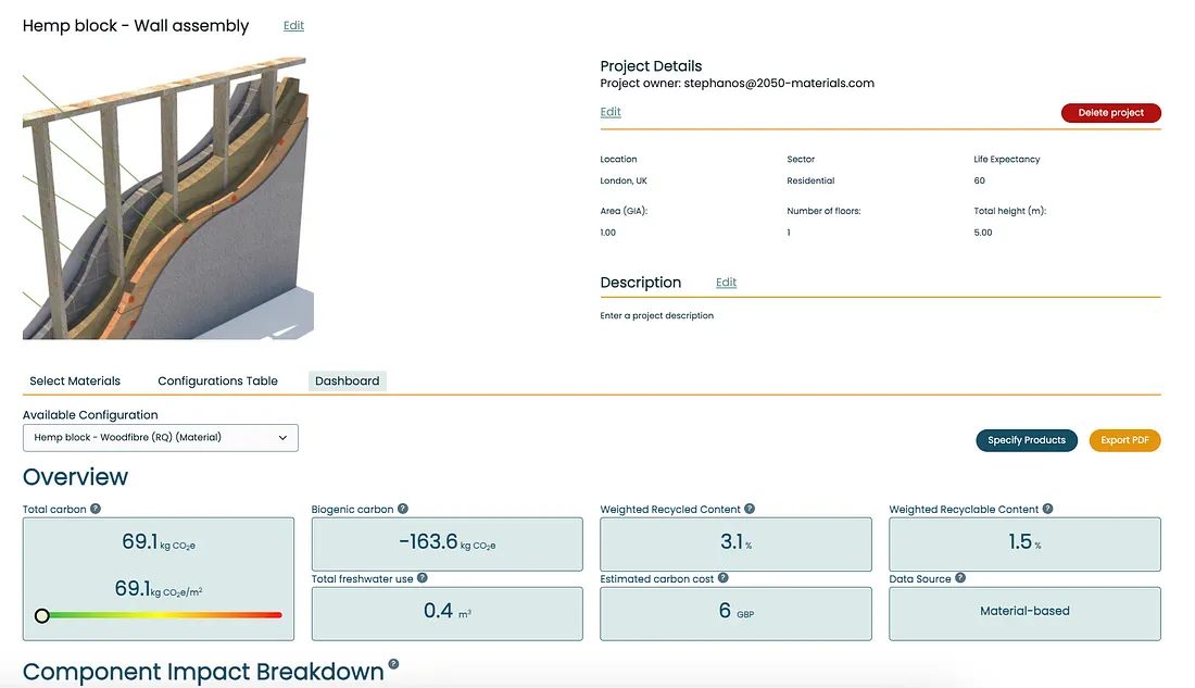 Digital interface of the 2050 Materials platform showcasing sustainable building materials and environmental impact data.