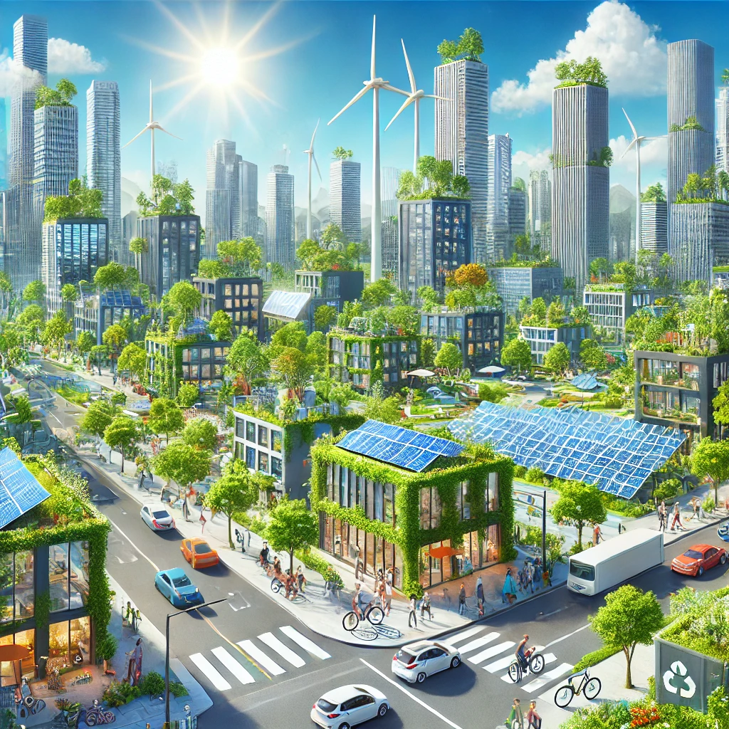 Vibrant cityscape showcasing decarbonization with green buildings, solar panels, wind turbines, electric vehicles, and eco-friendly activities.