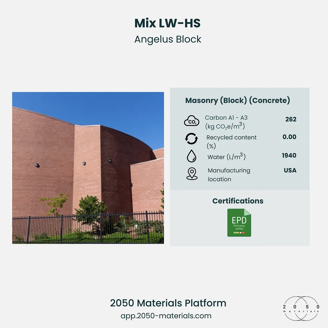 Mix LW-HS on 2050 Materials highlighting lightweight sustainable concrete