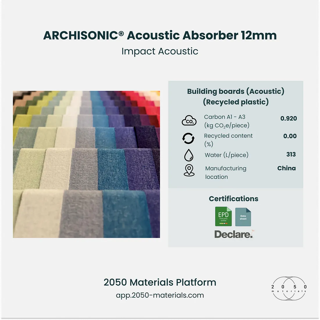 ARCHISONIC® Acoustic Absorber 12mm displayed on 2050 Materials platform, highlighting sustainable acoustic solutions.