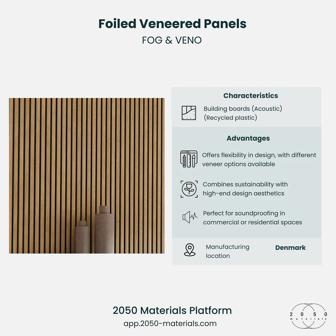 Foiled veneered panels showcased on 2050 Materials platform, featuring sustainable acoustic solutions made from recycled PET and wood.