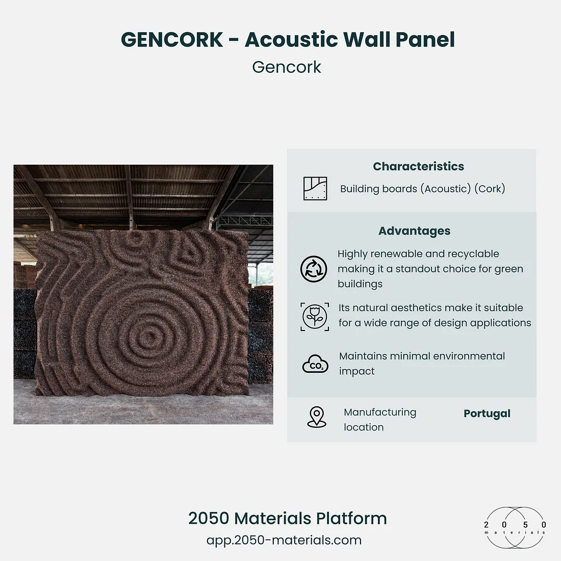 Gencork Acoustic Wall Panel displayed on 2050 Materials platform, showcasing natural cork-based acoustic solutions.