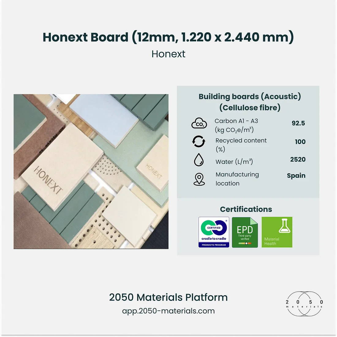 Honext Board displayed on 2050 Materials platform, highlighting sustainable building materials.