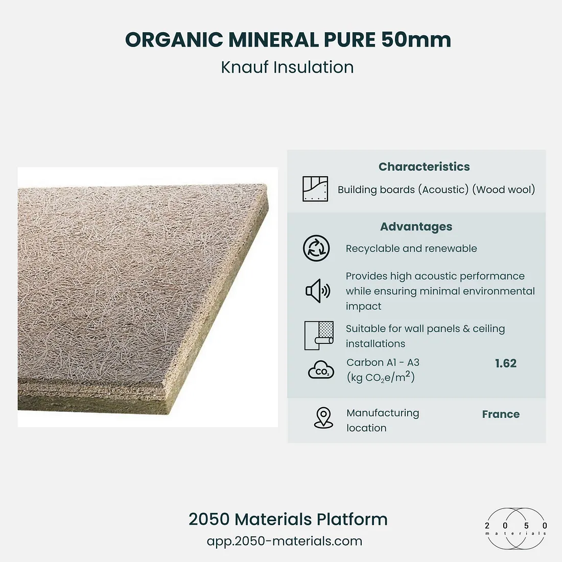 ORGANIC MINERAL PURE 50mm showcased on 2050 Materials platform, featuring sustainable acoustic insulation.