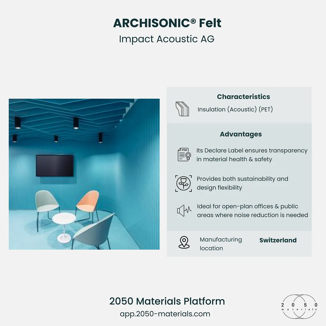 ARCHISONIC® Felt displayed on 2050 Materials platform, showcasing recycled acoustic material for sustainable sound management.