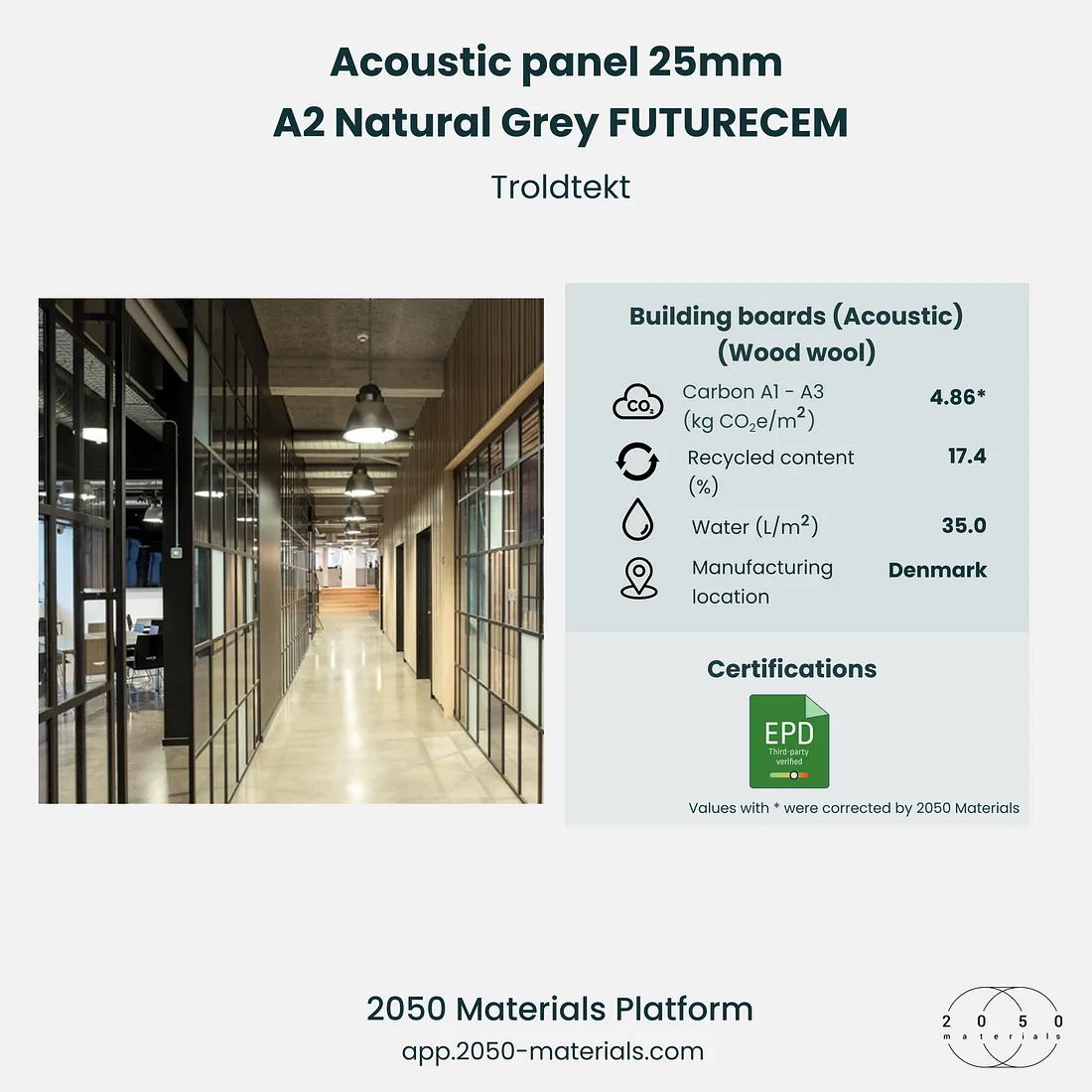 Troldtekt 25mm A2 Natural Grey acoustic panels showcased on 2050 Materials platform, offering sustainable acoustic solutions.