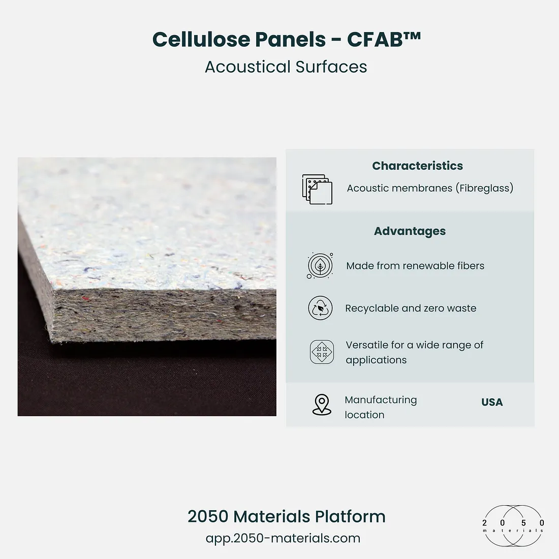 CFAB™ Cellulose Panels displayed on 2050 Materials platform, featuring sustainable soundproofing materials.