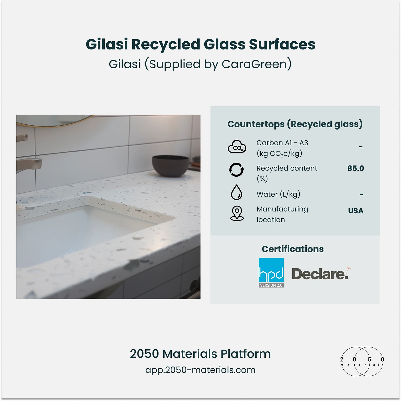 Screenshot of Gilasi Recycled Glass Surfaces material facts on the 2050 Materials Platform, featuring sustainability and performance data.