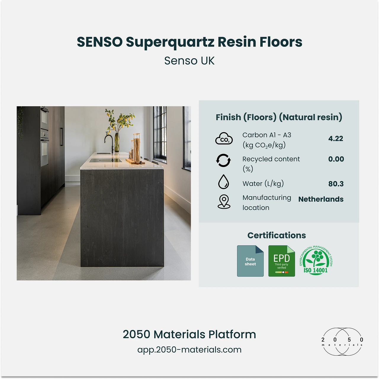 Screenshot of SENSO Superquartz Resin Floors material facts on the 2050 Materials Platform, detailing sustainability and performance data.