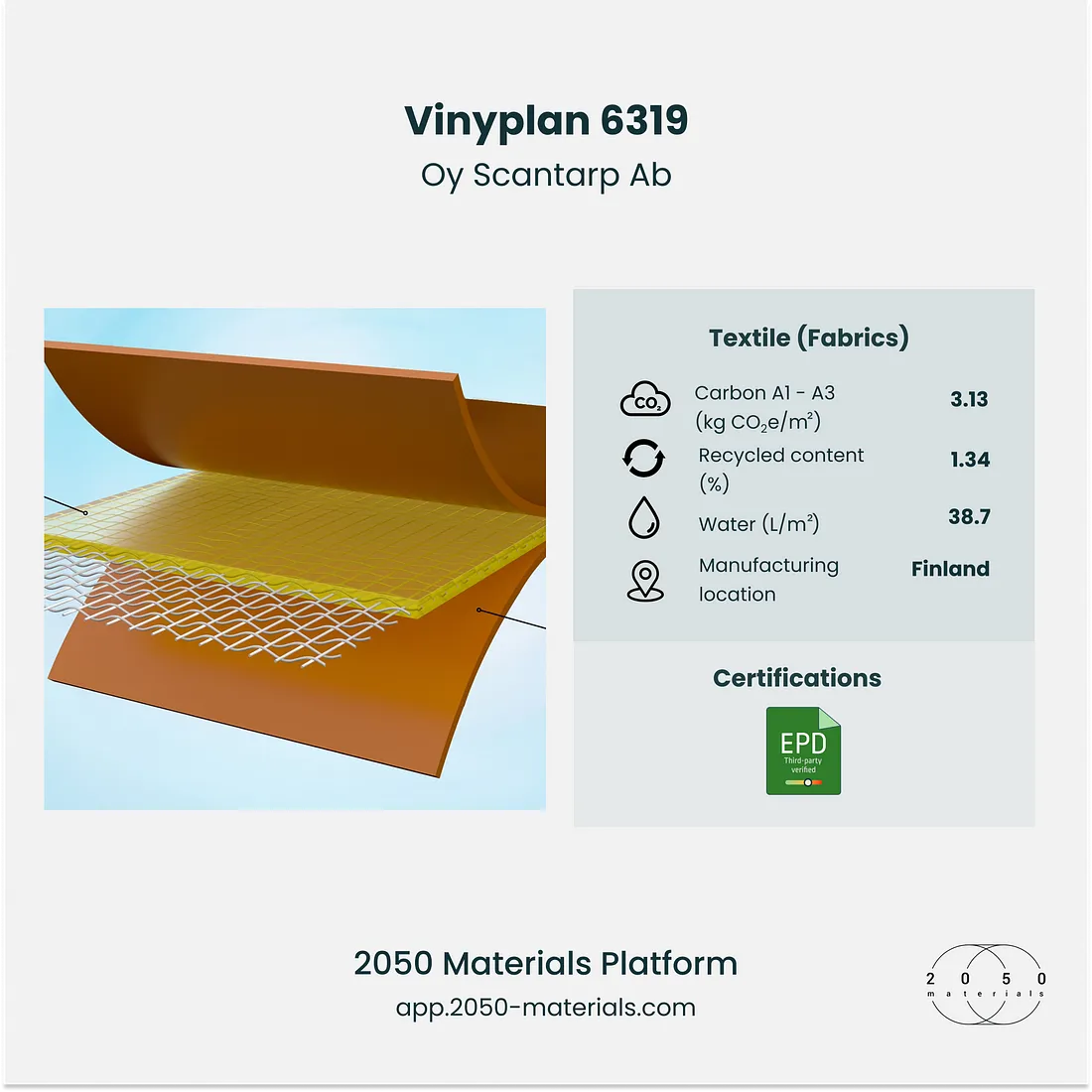 Vinyplan 6319 featured on 2050 Materials platform for versatile construction applications.