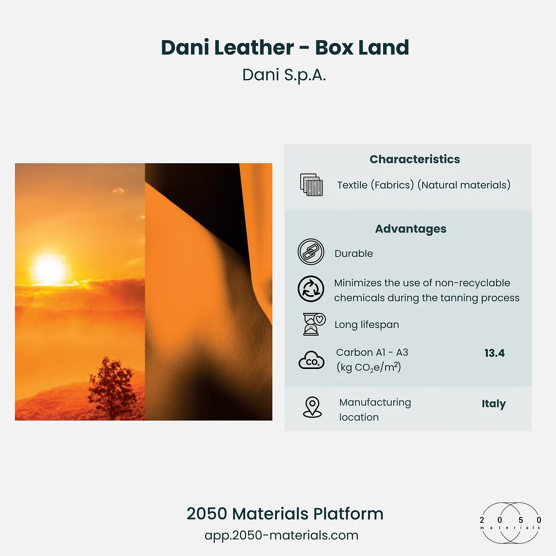 Dani Leather — Box Land featured on 2050 Materials platform for sustainable leather solutions.