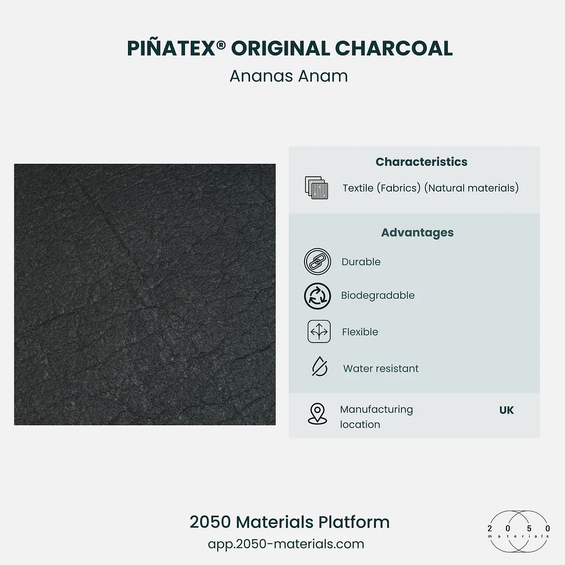 PIÑATEX® featured on 2050 Materials platform as a sustainable plant-based leather alternative.