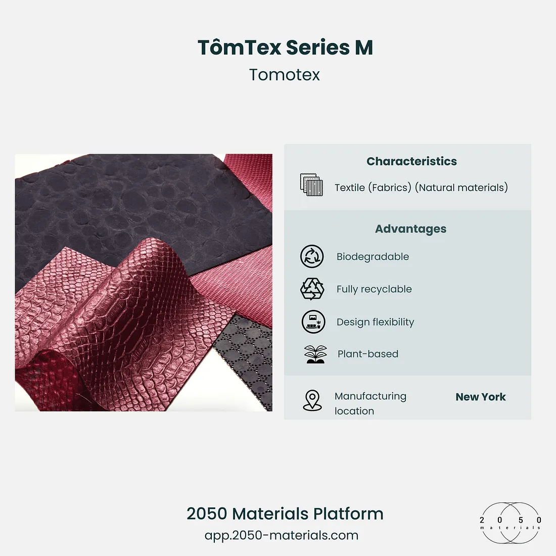 TômTex Series M featured on 2050 Materials platform as a sustainable bio-based leather alternative.