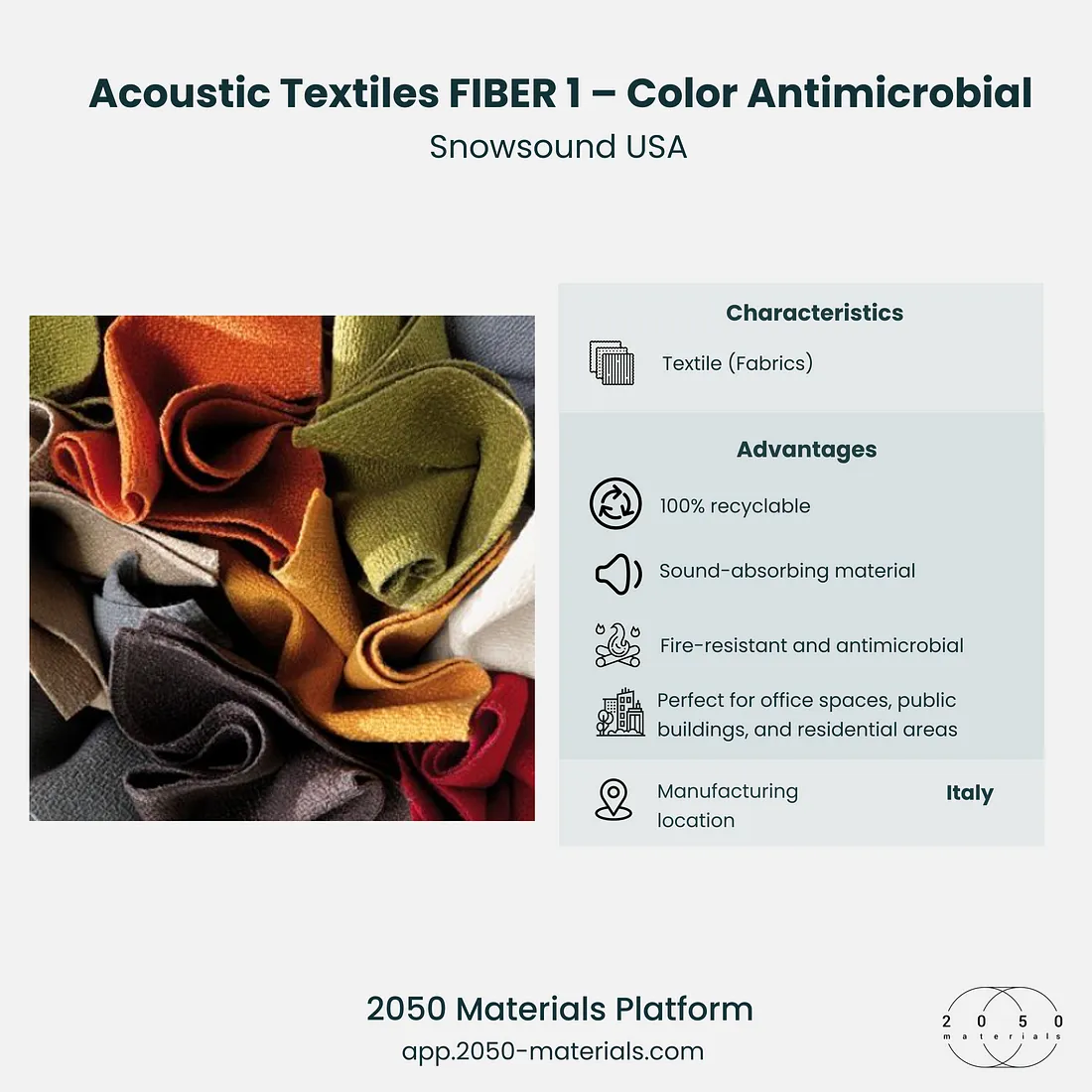 Acoustic Textiles FIBER 1 featured on 2050 Materials platform for sound-absorbing solutions.