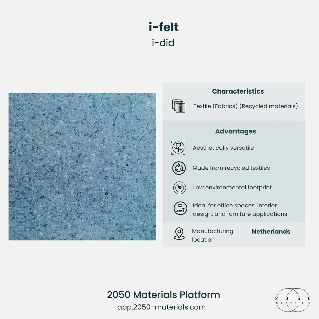 i-felt featured on 2050 Materials platform as a sustainable felt material for acoustic and design applications.