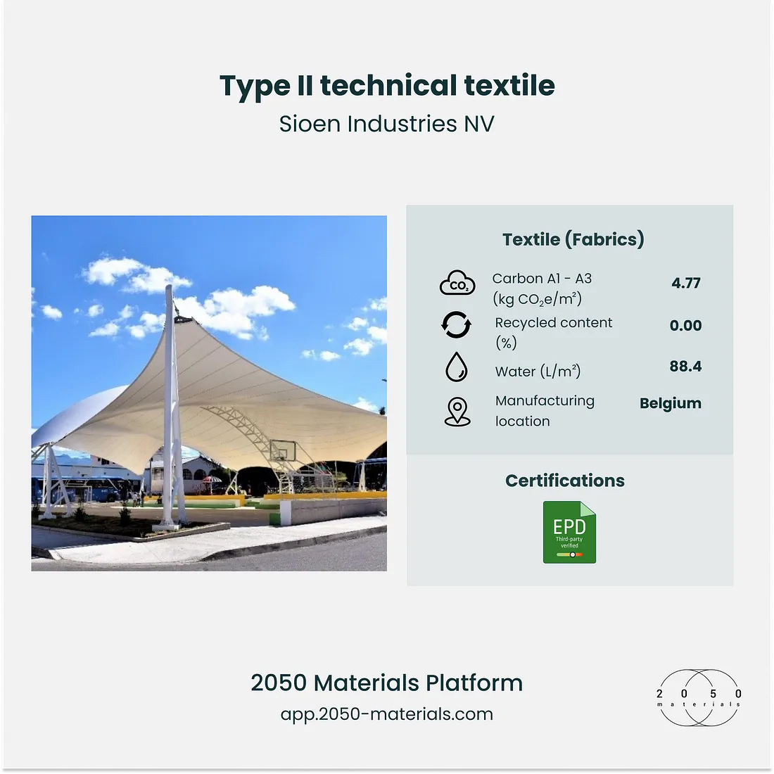 Type II Technical Textile featured on 2050 Materials platform for advanced construction applications.