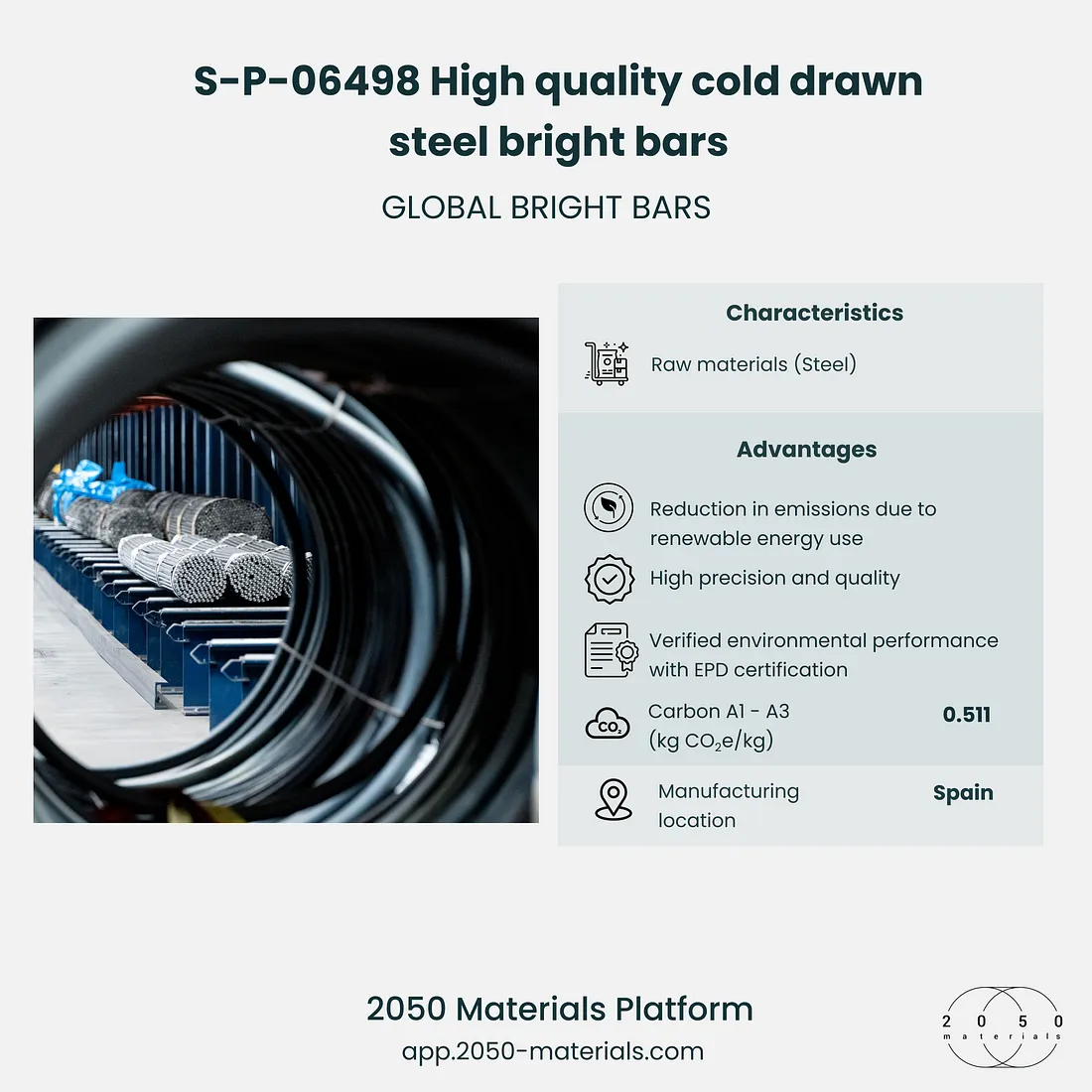 S-P-06498 high-quality cold-drawn steel bright bars showcased on the 2050 Materials platform for modern construction.