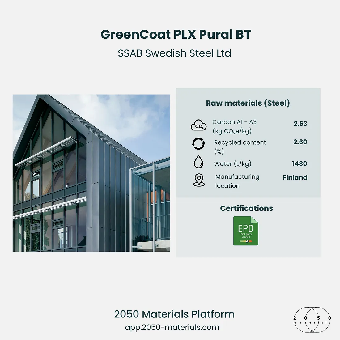 Greencoat PLX Pural BT by SSAB Swedish Steel Ltd, sustainable steel cladding for buildings