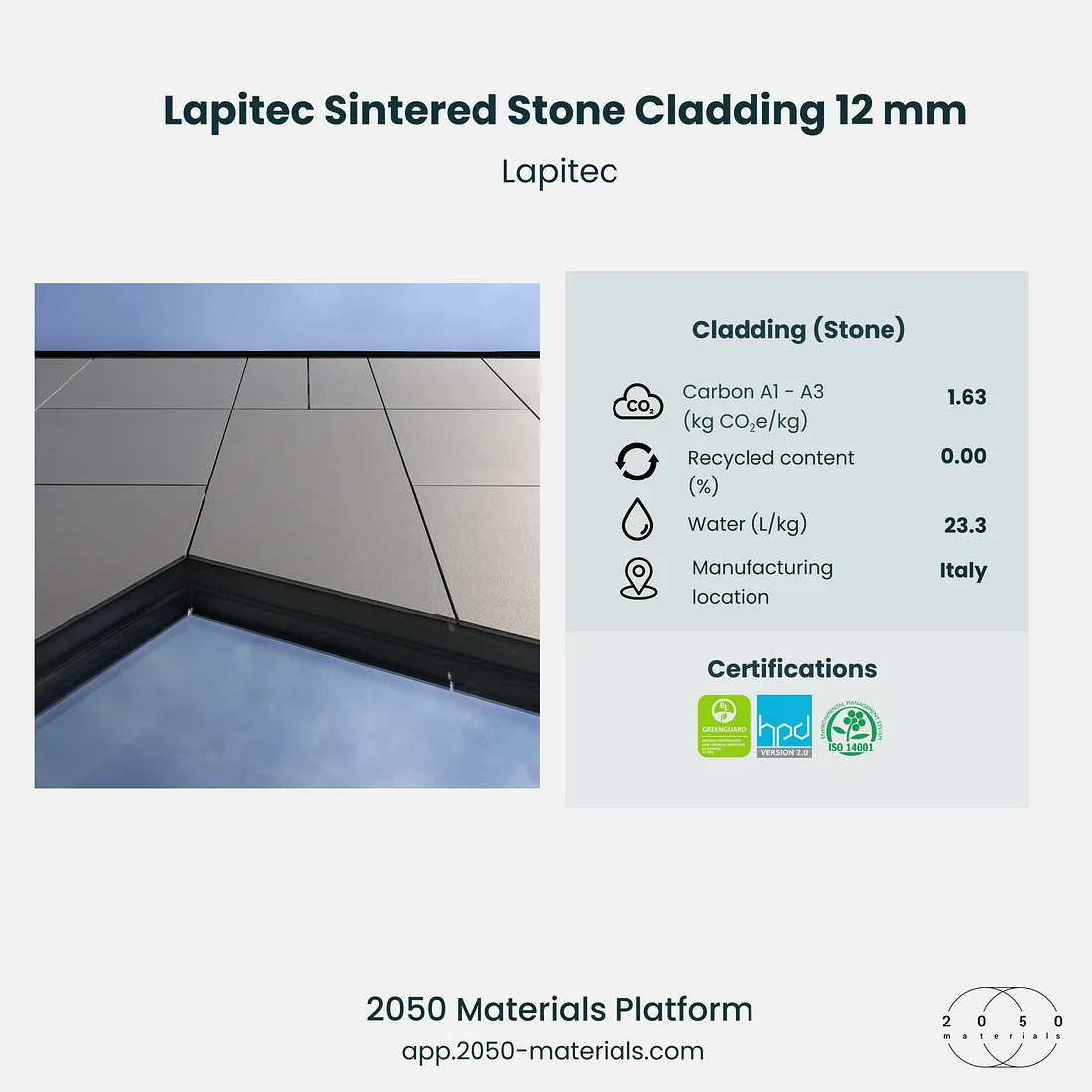 Lapitec 12mm sintered stone cladding showcased on the 2050 Materials platform