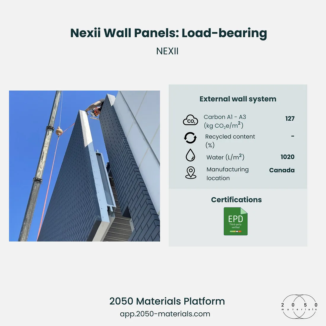 Nexii Wall Panels for sustainable building on 2050 Materials Platform