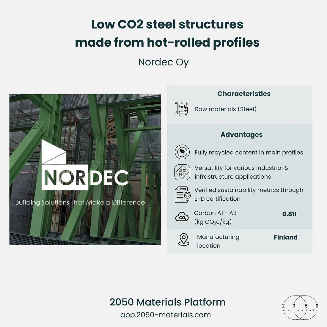 Nordec Oy’s low CO2 steel structures made with hot-rolled open profiles for sustainable construction.