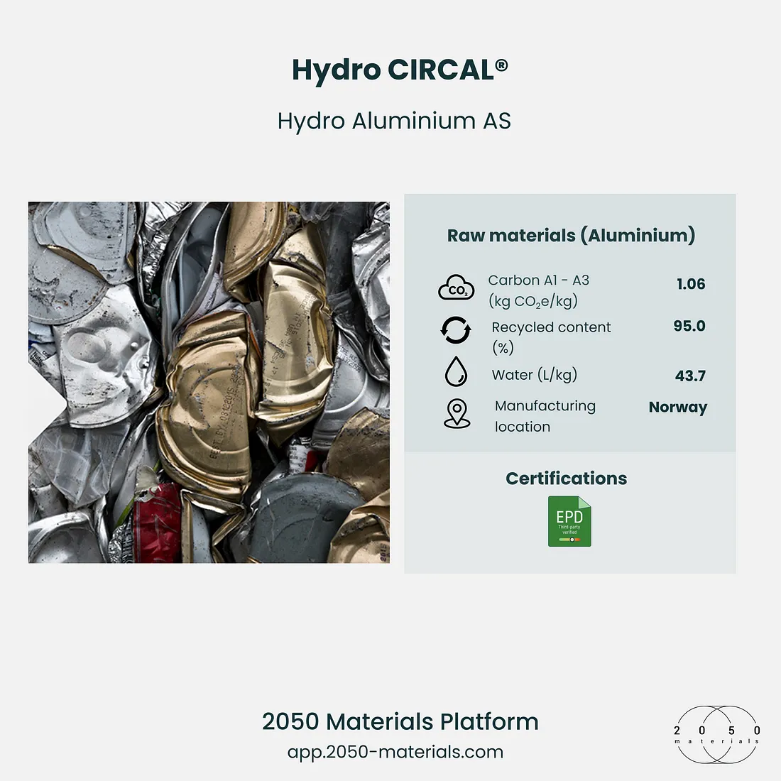 Hydro CIRCAL® by Hydro Aluminium AS, a sustainable aluminum product made with a high percentage of recycled content.