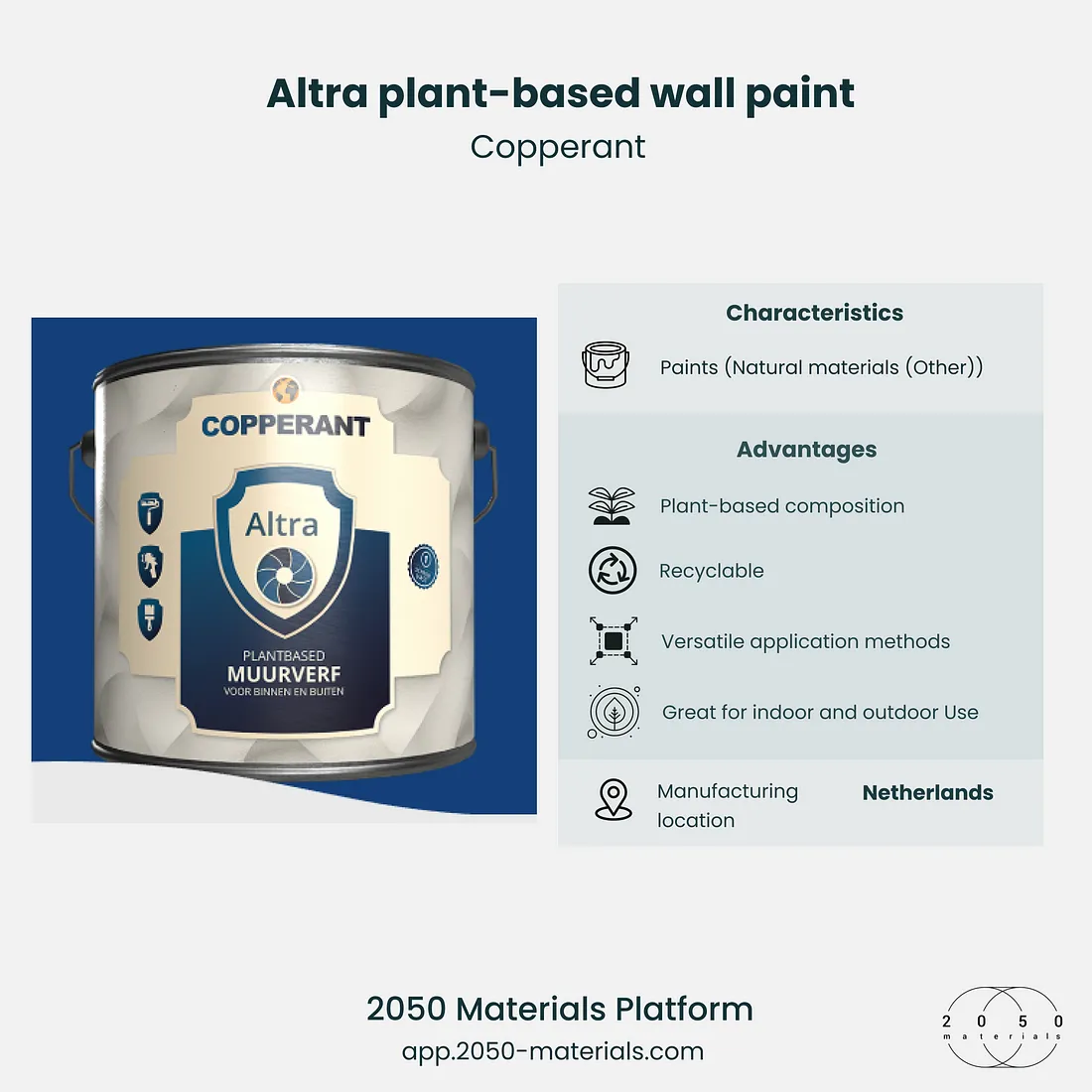 Altra plant-based wall paint on 2050 Materials platform