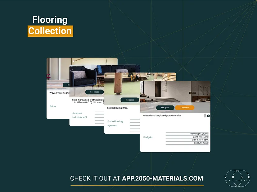 A variety of sustainable flooring materials showcased on the 2050 Materials platform, highlighting eco-friendly and low-carbon options.