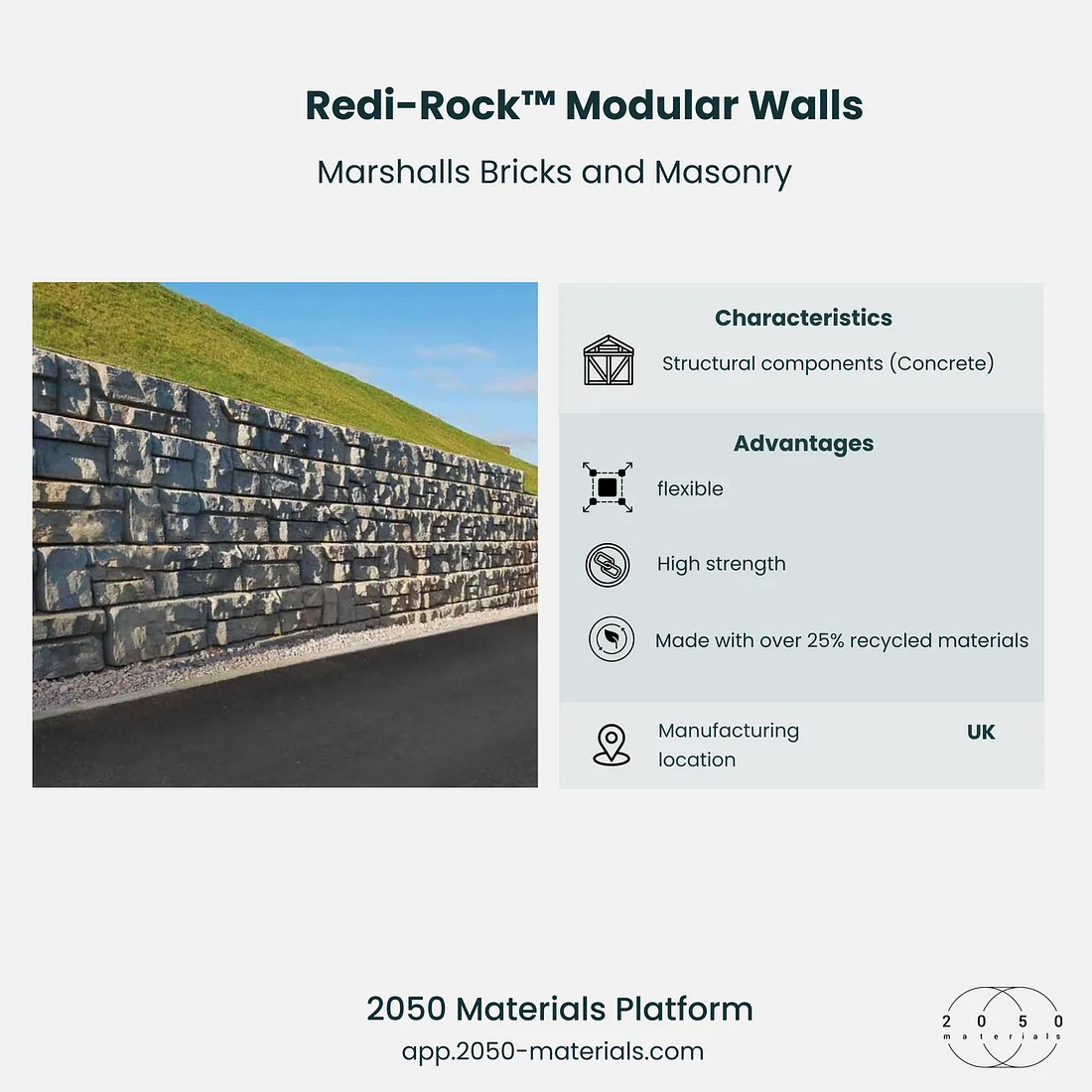 Redi-Rock™ Modular Walls featured on the 2050 Materials platform for sustainable and durable retaining wall solutions.