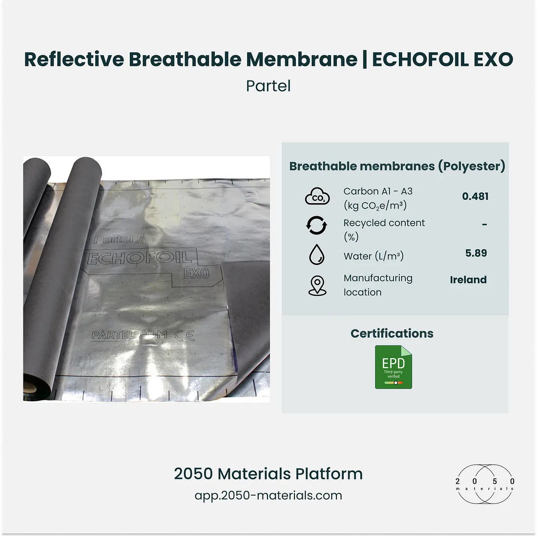 Reflective Breathable Membrane | ECHOFOIL EXO showcased on the 2050 Materials platform for energy-efficient and sustainable construction.