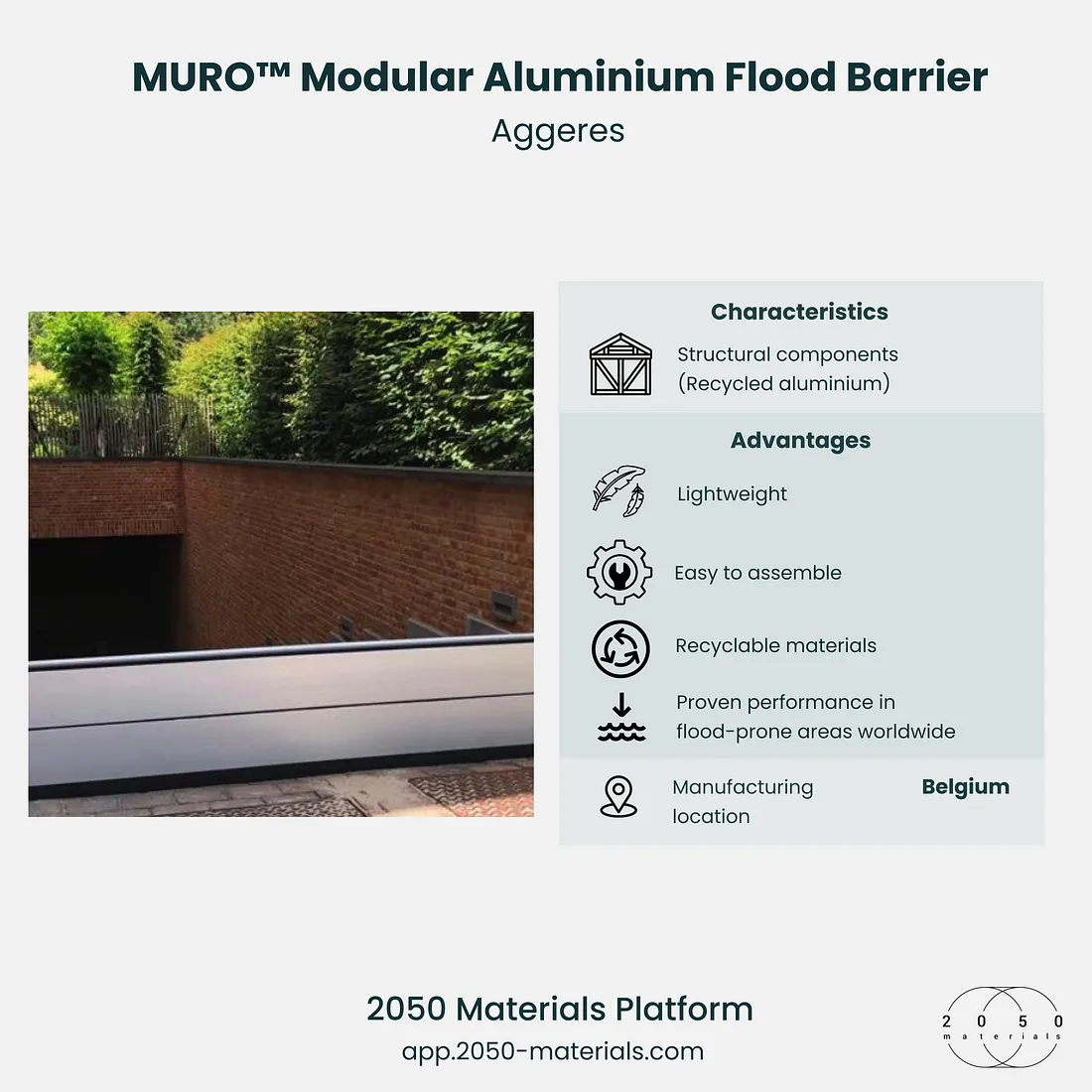 MURO™ Modular Aluminium Flood Barrier showcased on the 2050 Materials platform for sustainable flood protection solutions.