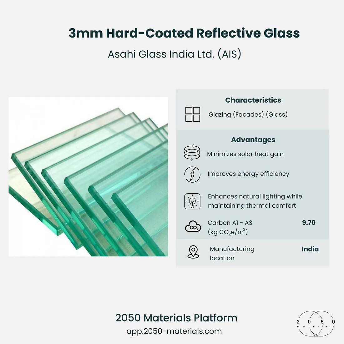 3mm Hard-Coated Reflective Glass showcased on the 2050 Materials platform for sustainable and energy-efficient construction.