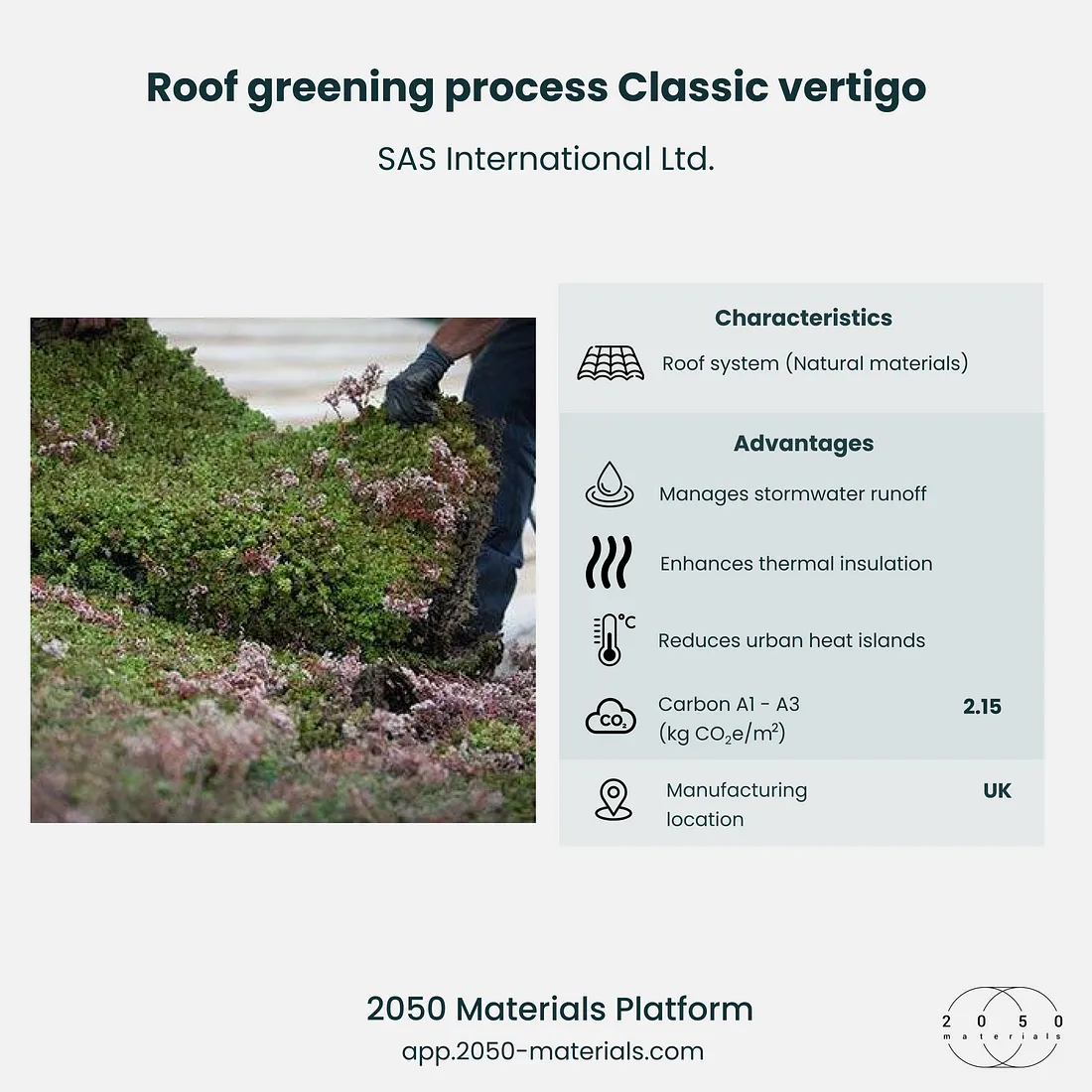 Roof Greening Process Classic Vertigo showcased on the 2050 Materials platform for sustainable construction.