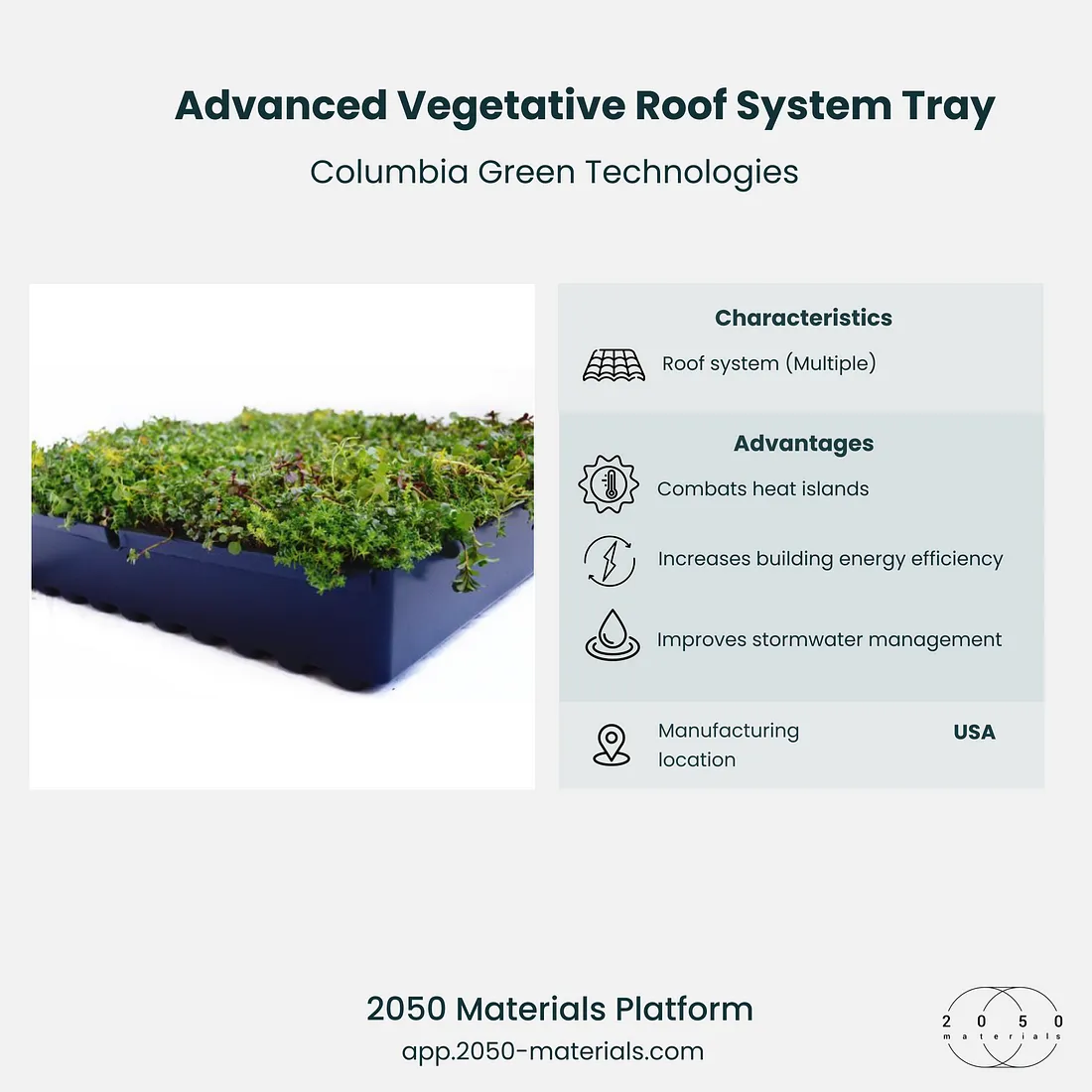 Advanced Vegetative Roof System Tray featured on the 2050 Materials platform for sustainable and green roofing solutions.