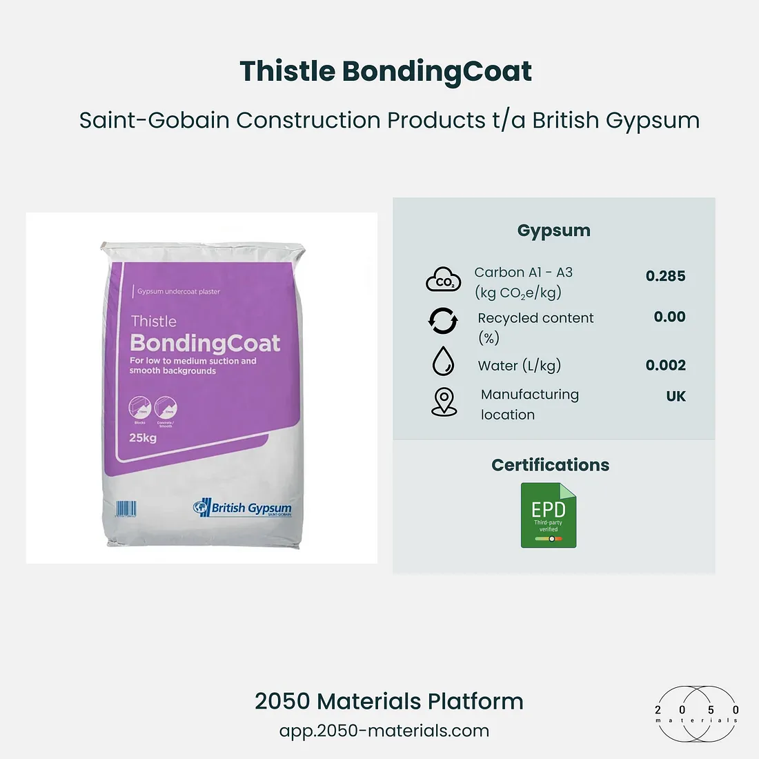 Thistle BondingCoat available on the 2050 Materials platform, providing a high-performance undercoat plaster for smooth finishes.