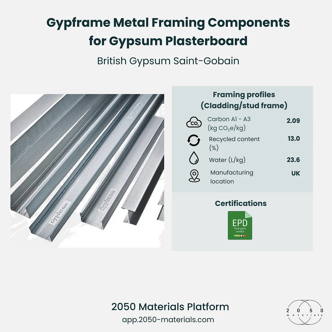 Gypframe Metal Framing Components available on the 2050 Materials platform, providing strong and lightweight structural support.