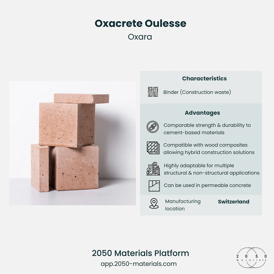 Oxacrete Oulesse available on the 2050 Materials Platform.