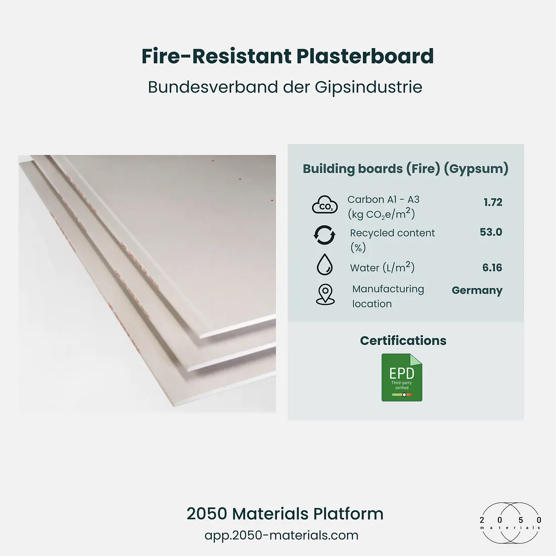 Fire-resistant plasterboard available on the 2050 Materials platform, designed for enhanced fire safety in construction.