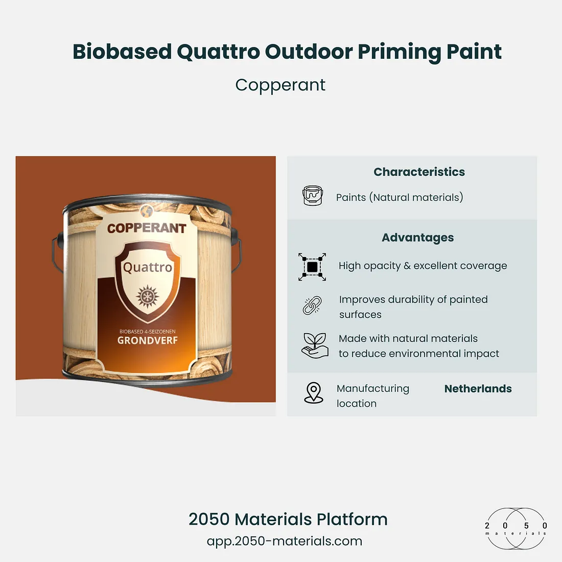 Biobased Quattro by Copperant, a plant-based priming paint for sustainable wood protection.