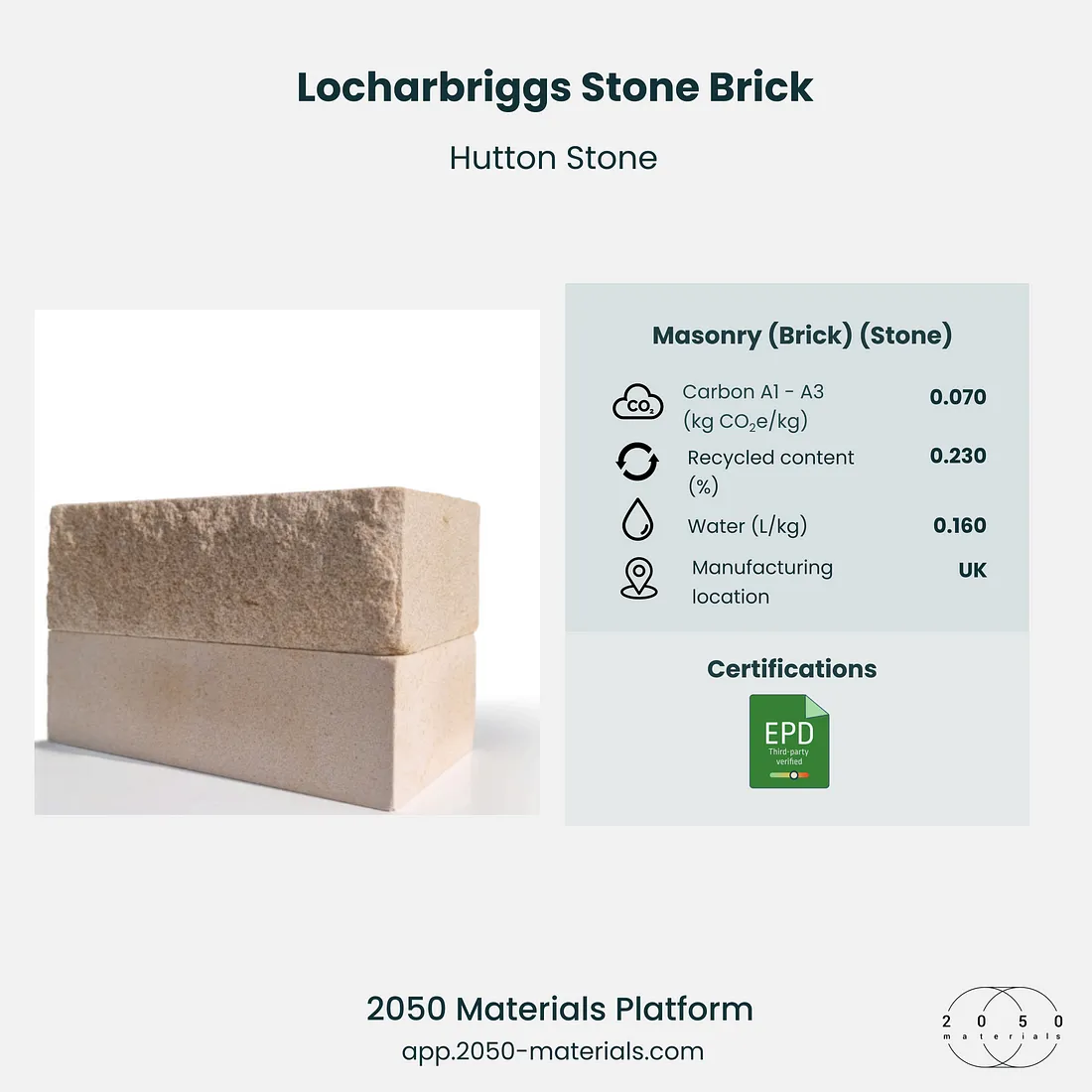 Locharbriggs Stone Brick available on the 2050 Materials platform, offering durable and sustainable masonry solutions.