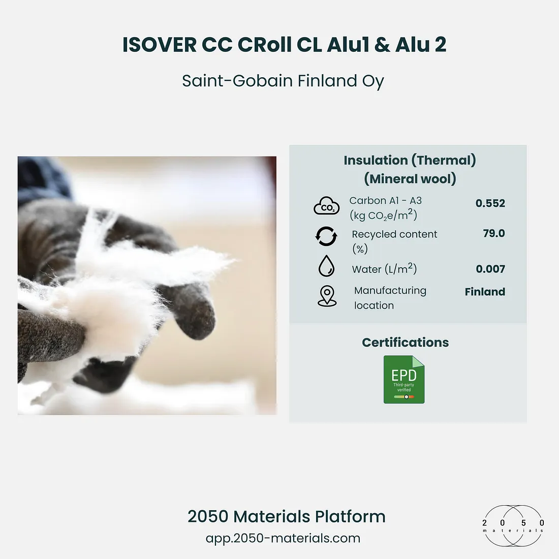 ISOVER CC CROLL CL Alu1 & Alu2 available on the 2050 Materials platform, providing high-performance thermal and acoustic insulation.