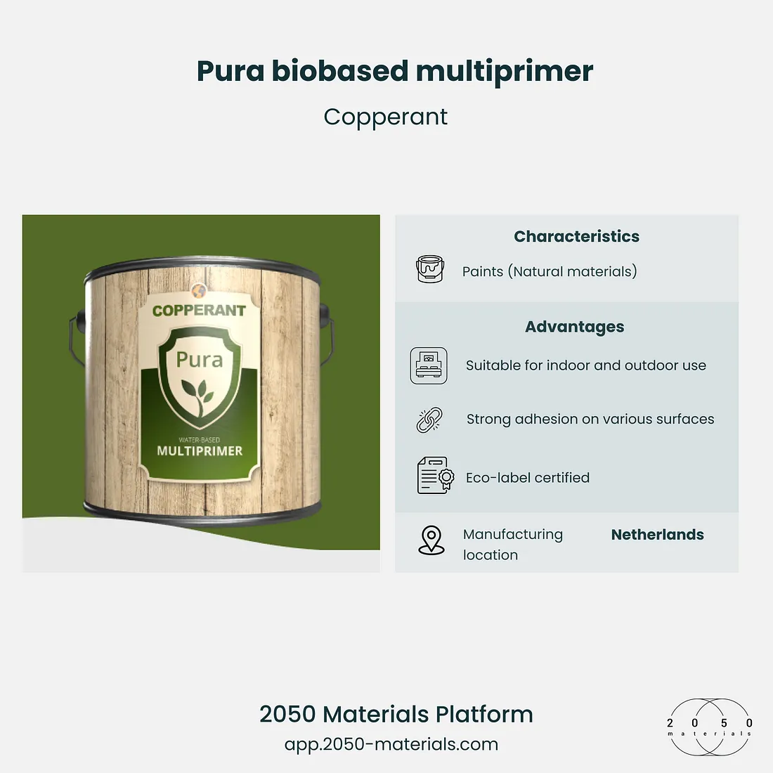 Pura Biobased Multiprimer by Copperant, a plant-based universal primer with excellent adhesion.