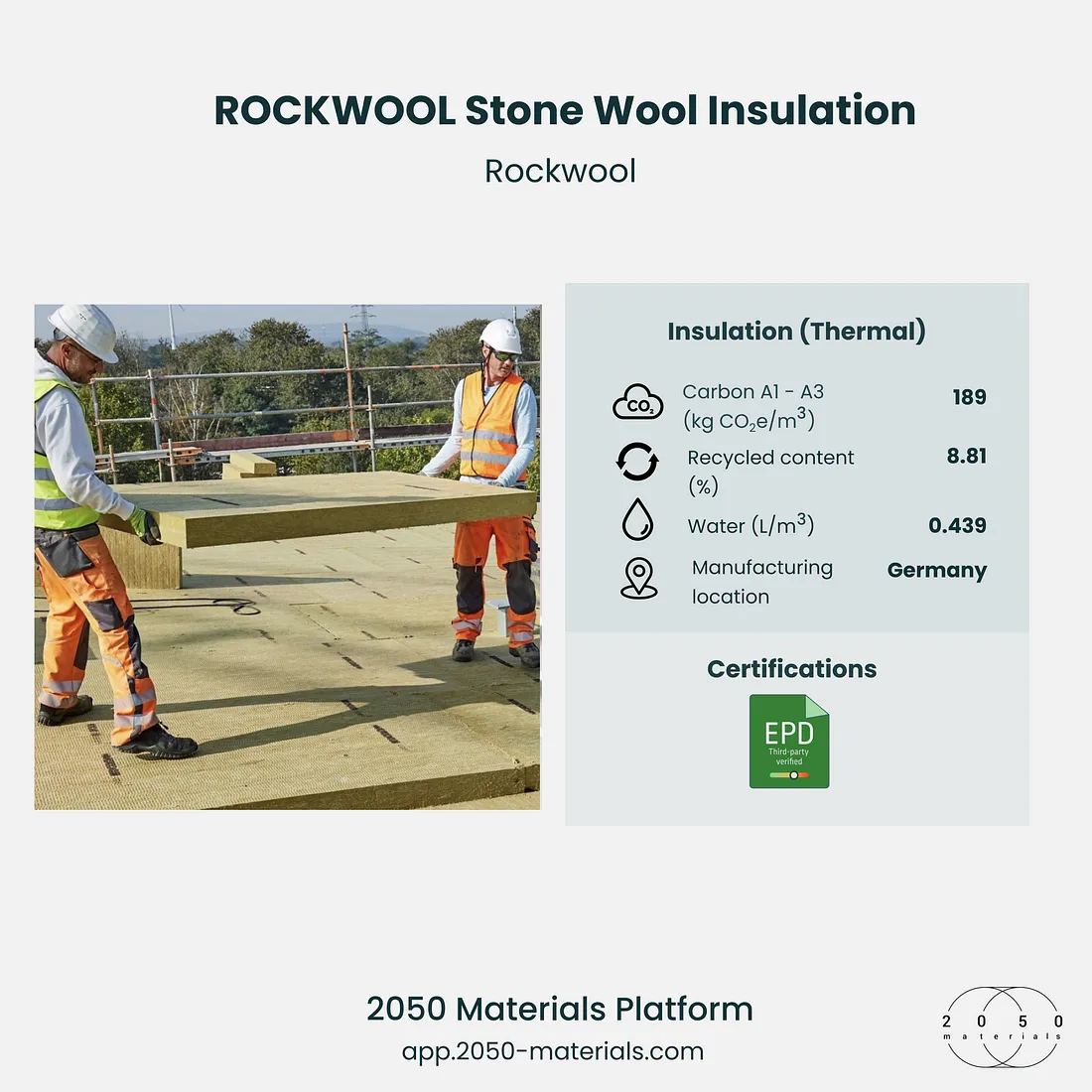 ROCKWOOL stone wool insulation available on the 2050 Materials platform, providing fire resistance and thermal efficiency.