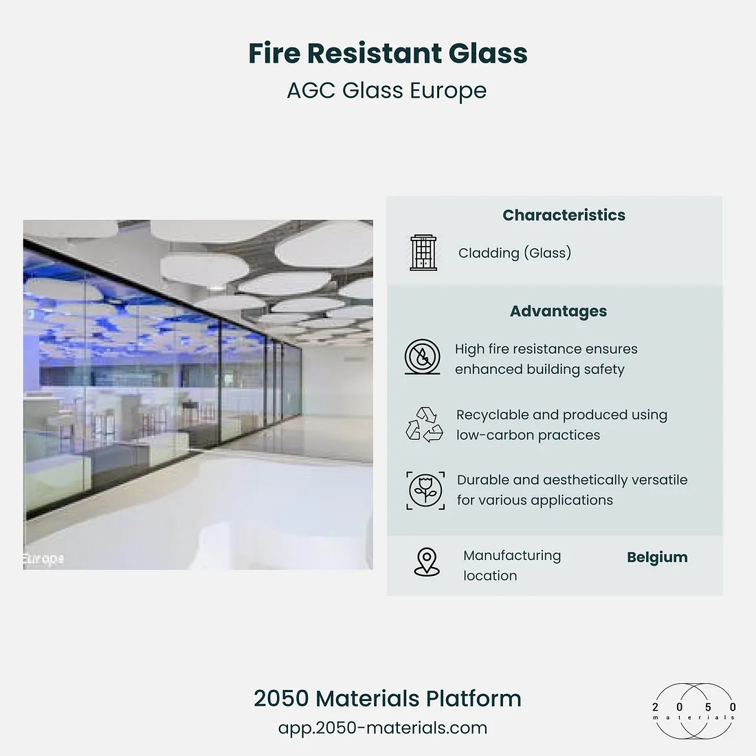 Fire-resistant glass available on the 2050 Materials platform, designed for enhanced safety and sustainability.