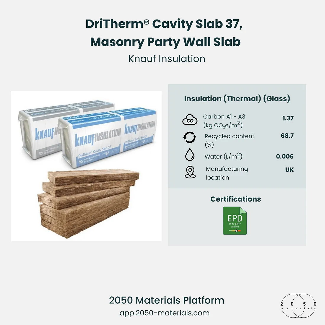 DriTherm® Cavity Slab and Masonry Party Wall Slab available on the 2050 Materials platform, offering thermal and acoustic insulation.