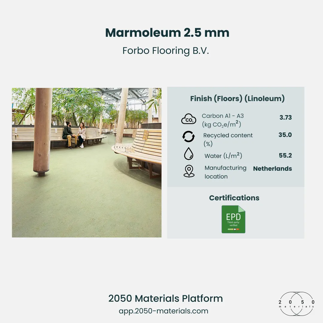 Marmoleum 2.5 mm flooring by Forbo on the 2050 Materials Platform — natural linoleum with low embodied carbon.