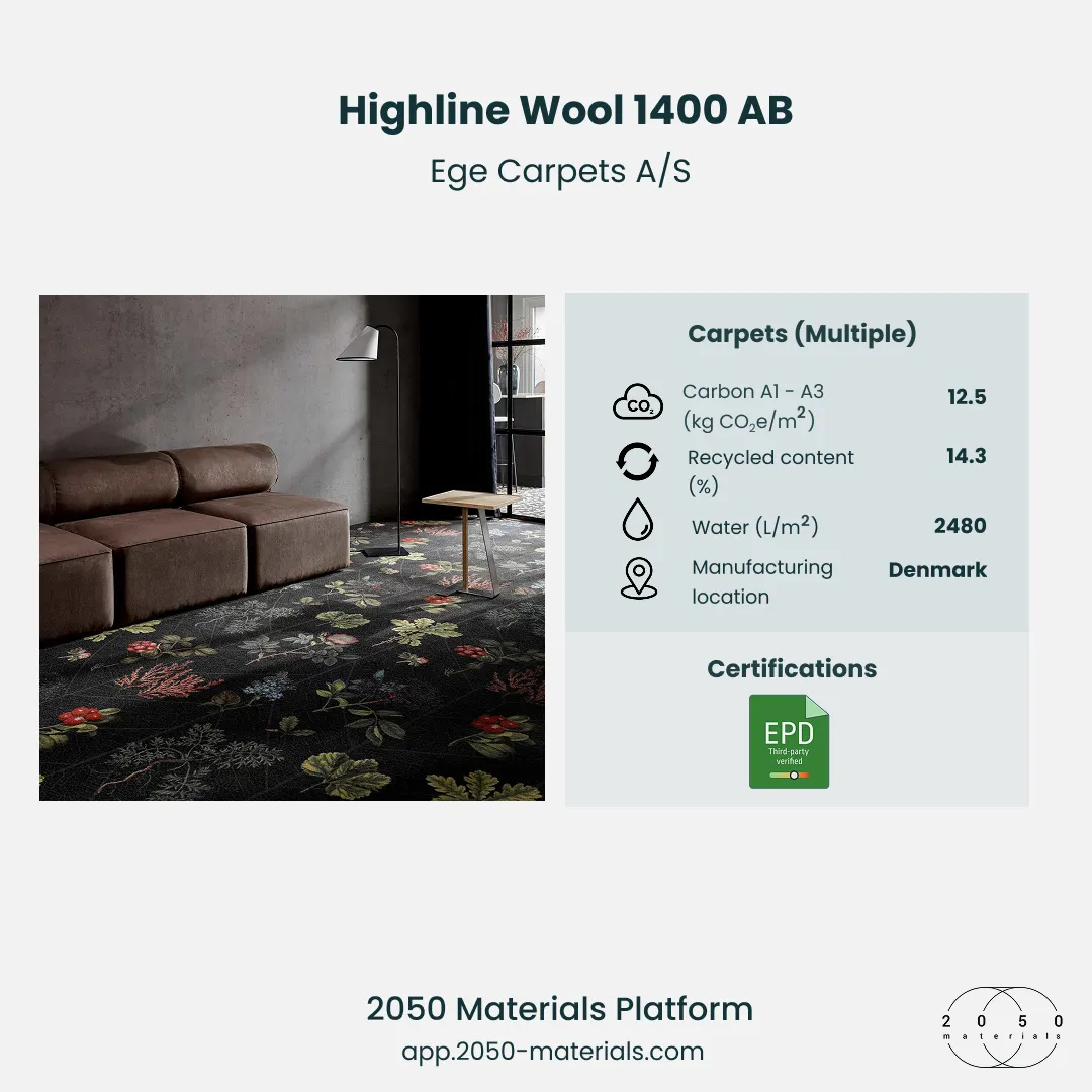 Highline Wool 1400 AB carpet by Ege Carpets on the 2050 Materials Platform — sustainable flooring with reduced carbon footprint.